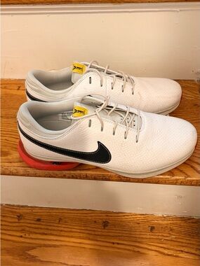 Nike White Leather Golf  Shoes with Black Swoosh and Red Heel Accent